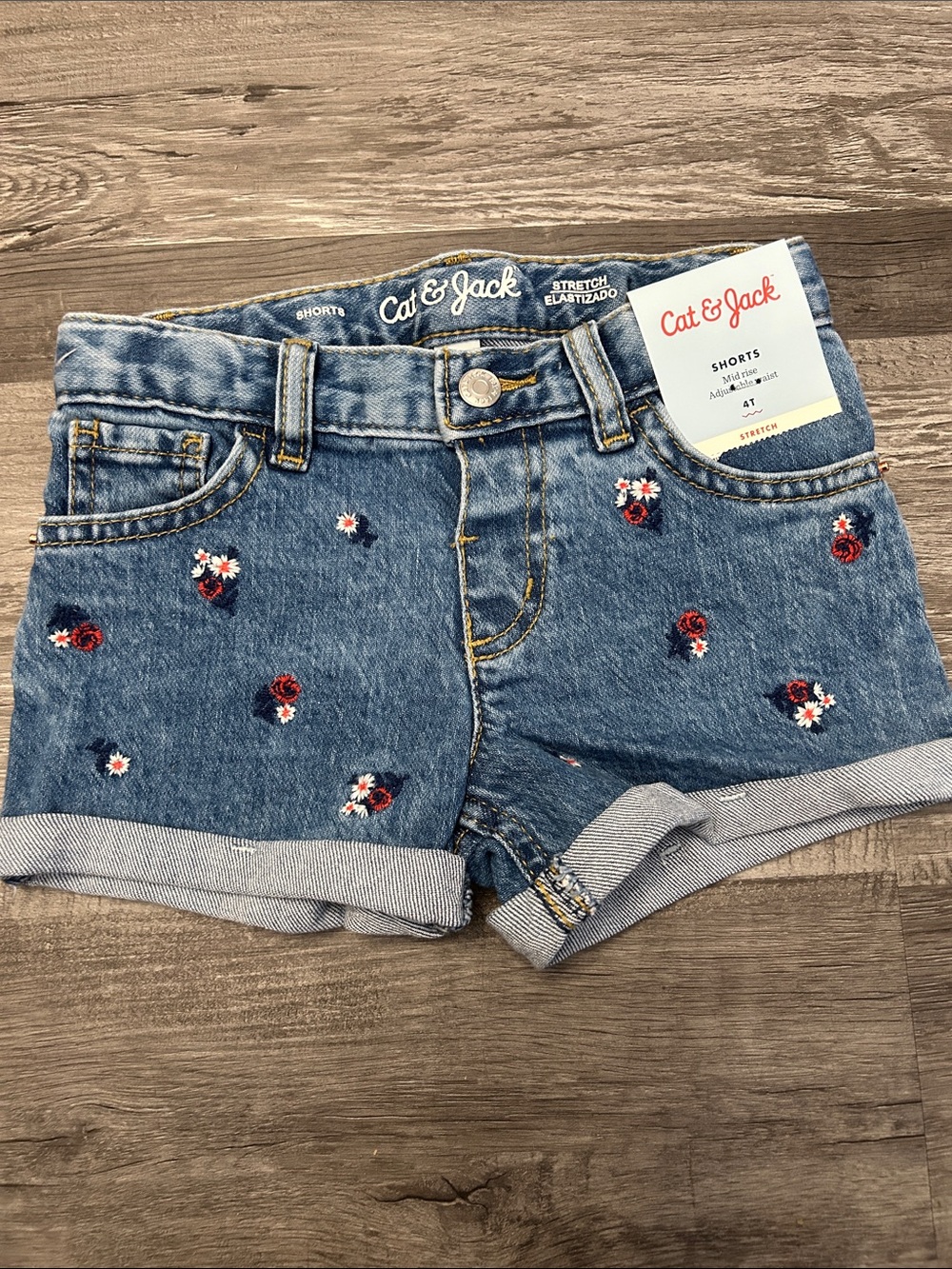 Cat & Jack Blue Denim Shorts with Red Floral Embroidery